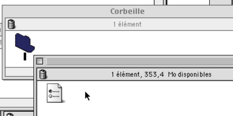 A Finder window showing the content of the Trash (named Corbeille in French): a single folder with no name. A second window shows the contents of the unnamed folder, a single file with no name.