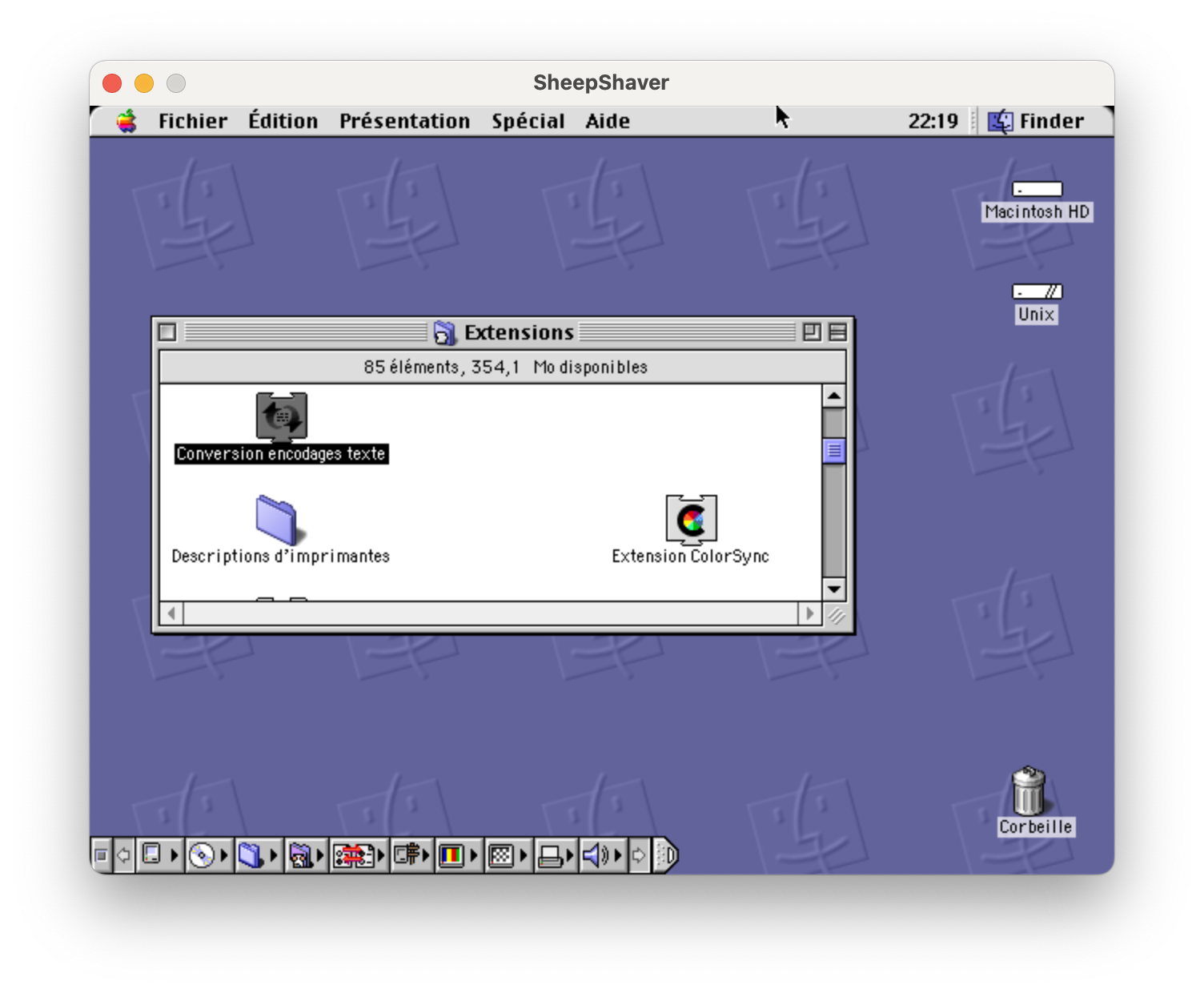 A screen capture of Mac OS 8., showing the desktop and the Extensions folder.