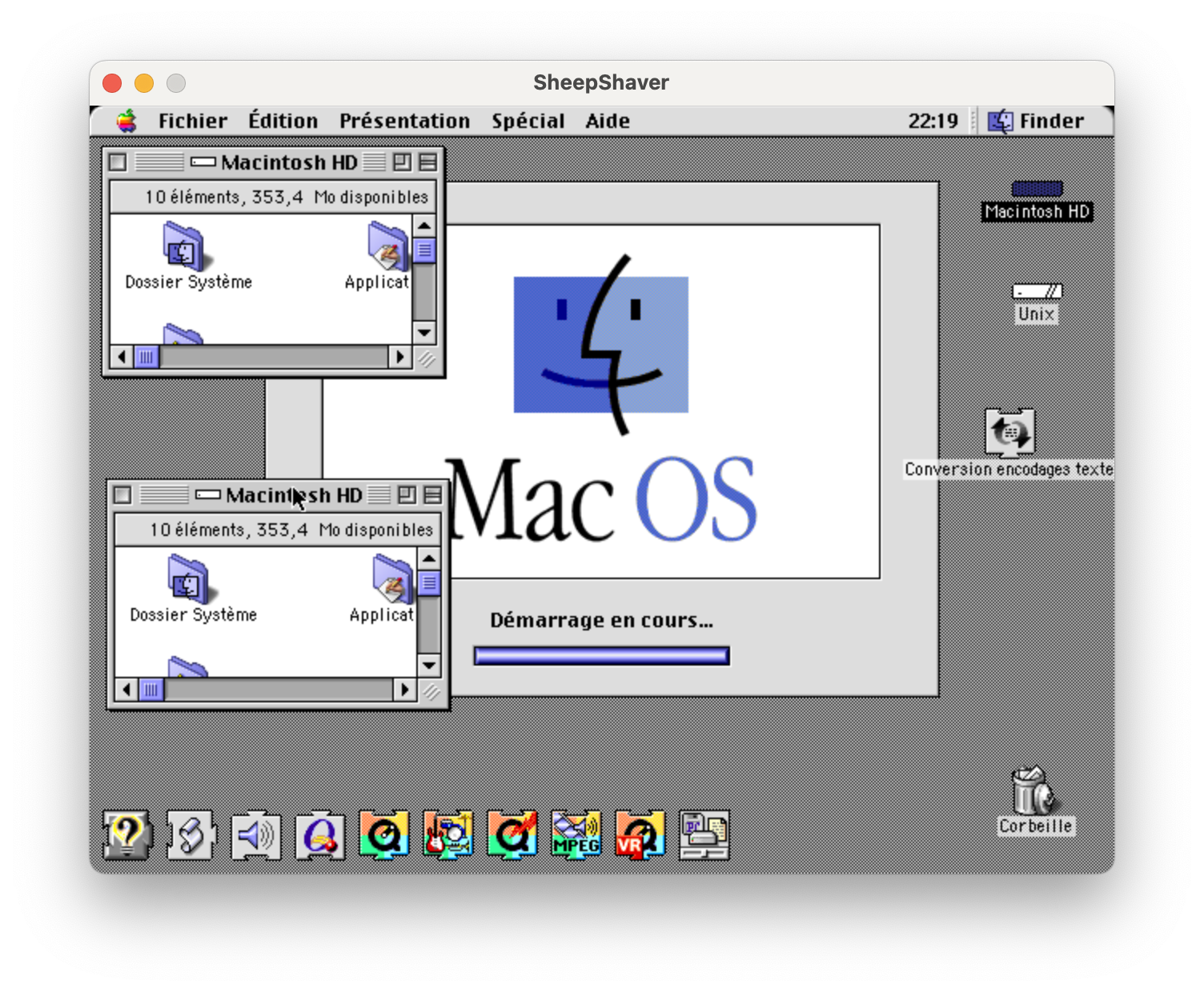 The same Mac OS desktop, but the background is grey, there is a window in the background with a Mac OS logo and a progress bar, a Finder window showing the contents of the Macintosh HD disk, opened twice, and a row of icons on the bottom left.