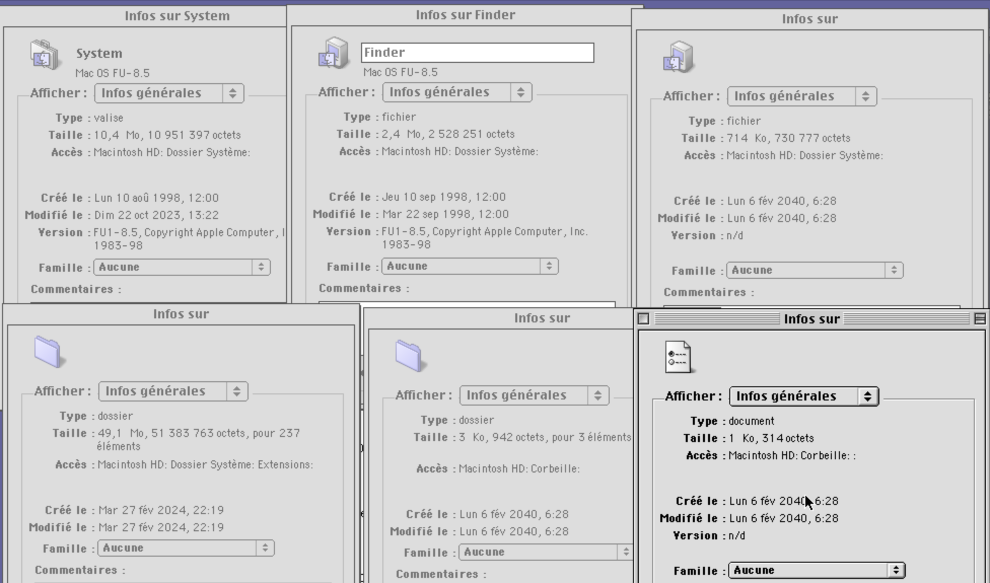 Multiple Finder info windows, for the System file, the Finder file, and the unnamed files and folders. Only the info box for the Finder shows an editable field for the filename.